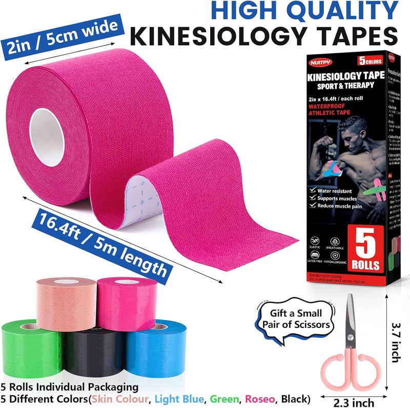 NUITPY 5 Rolls Kinesiology Tape, 5 Colors 2 inch x 16.4 Feet Waterproof Athletic Tape, Uncut Kinetic Tape, Elastic Muscle Tape, Sports Tape, Knee Tape for Exercise and Daily Use - Image 2